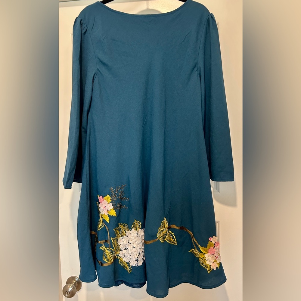 Anthropologie Varun Bahl Hydrangea Floral Dress Blue Applique Embroidery Sz 12 - Picture 8 of 11